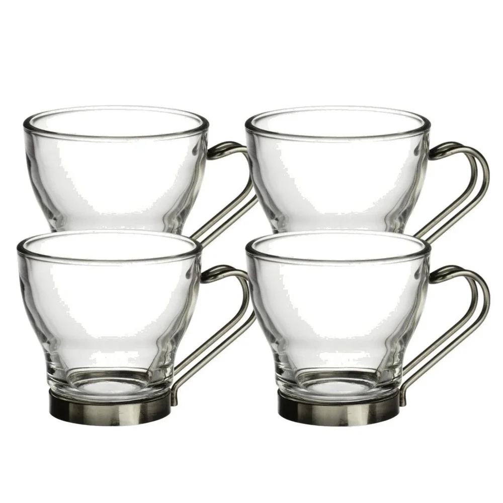 Bormioli Rocco Set 4 Glass Cappuccino Coffee Tea Cups Stainless Steel Handle